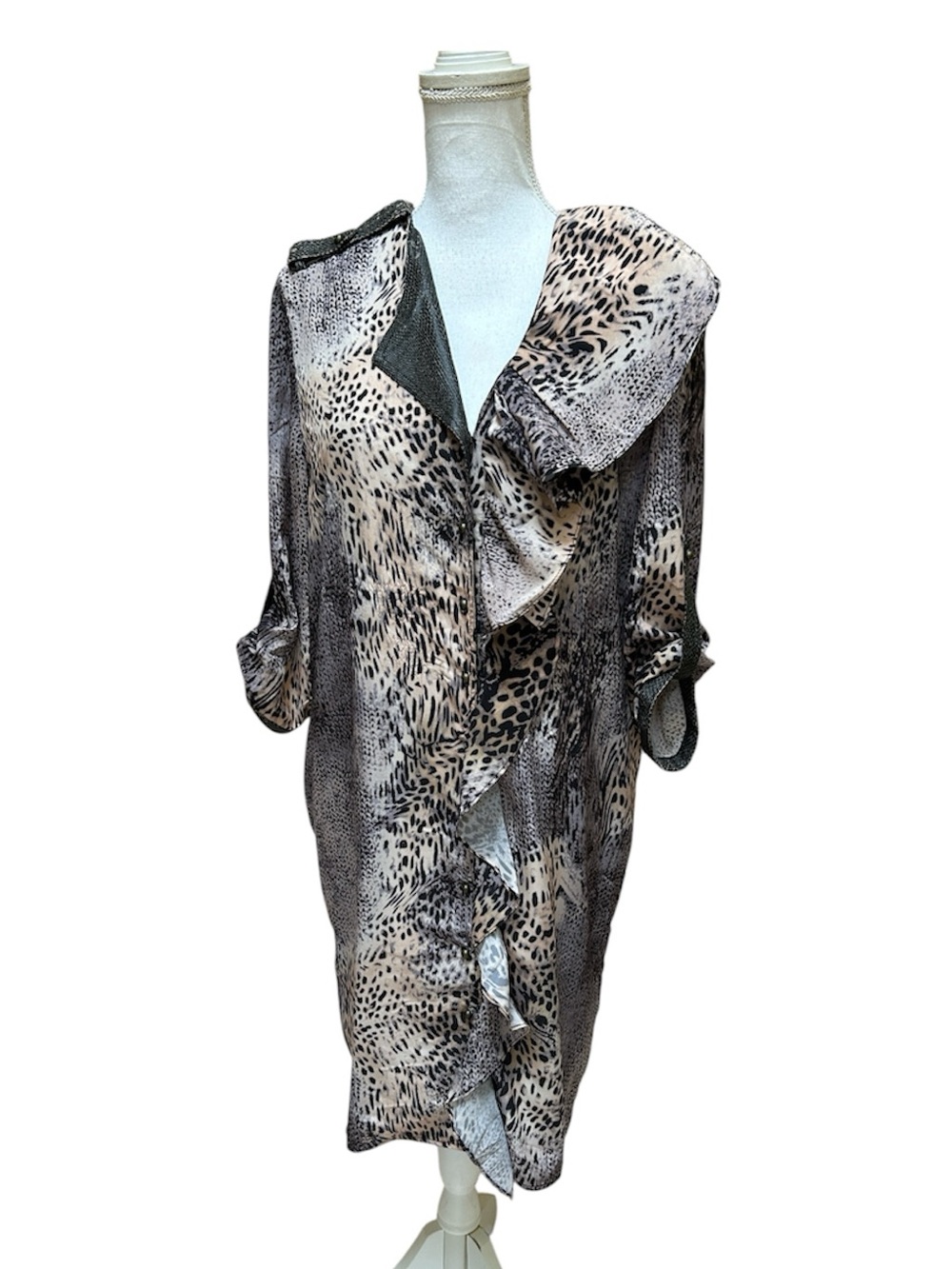 Vtg Alberto Makali Grey & Black Animal Print Ruffle Front Snakeskin Shirt Dress